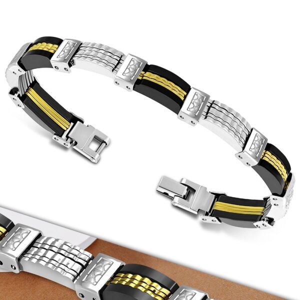 Ezüst és arany színű nemesacél karkötő kaucsuk dísszel