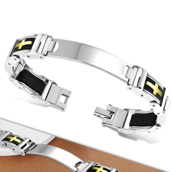 Ezüst és arany színű gravírozható nemesacél karkötő kereszt mintájú kaucsuk dísszel