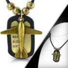 Fekete, fonott bőr nyaklánc, repülőgép alakú medállal