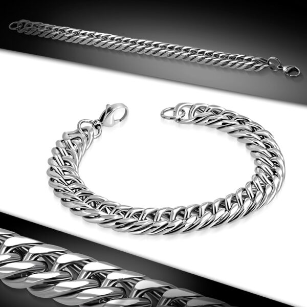 Ezüst színű nemesacél karlánc ékszer, lapos szemekkel