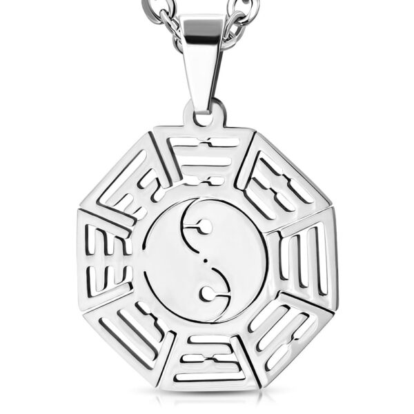 Ezüst színű, nyolc szögletes nemesacél medál Yin-Yang mintával