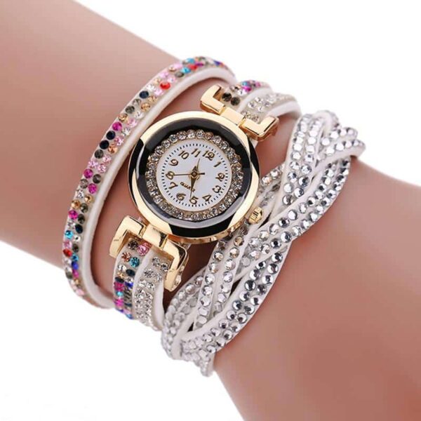 Divatos női karóra, színes kristályos állítható fehér színű szíjjal
