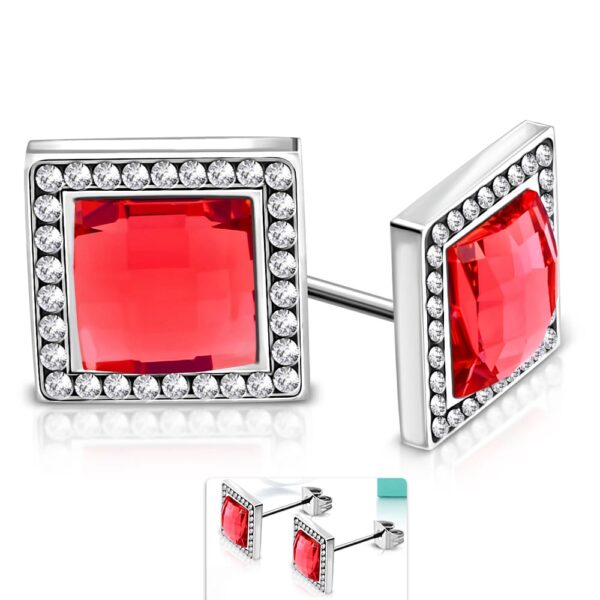 Ezüst színű, szögletes nemesacél fülbevaló, piros cirkónia kristállyal
