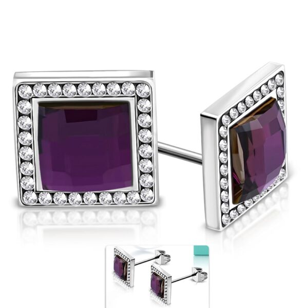 Ezüst színű, szögletes nemesacél fülbevaló, ametiszt színű cirkónia kristállyal