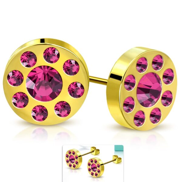 Gold Lady - Arany színű pink kristályos, kerek nemesacél fülbevaló ékszer