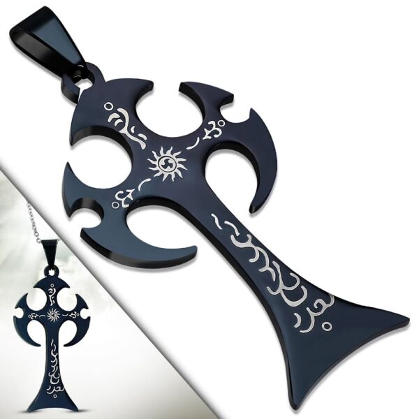 Fekete színű, törzsi kereszt alakú nemesacélmedál nonfiguratív mintával