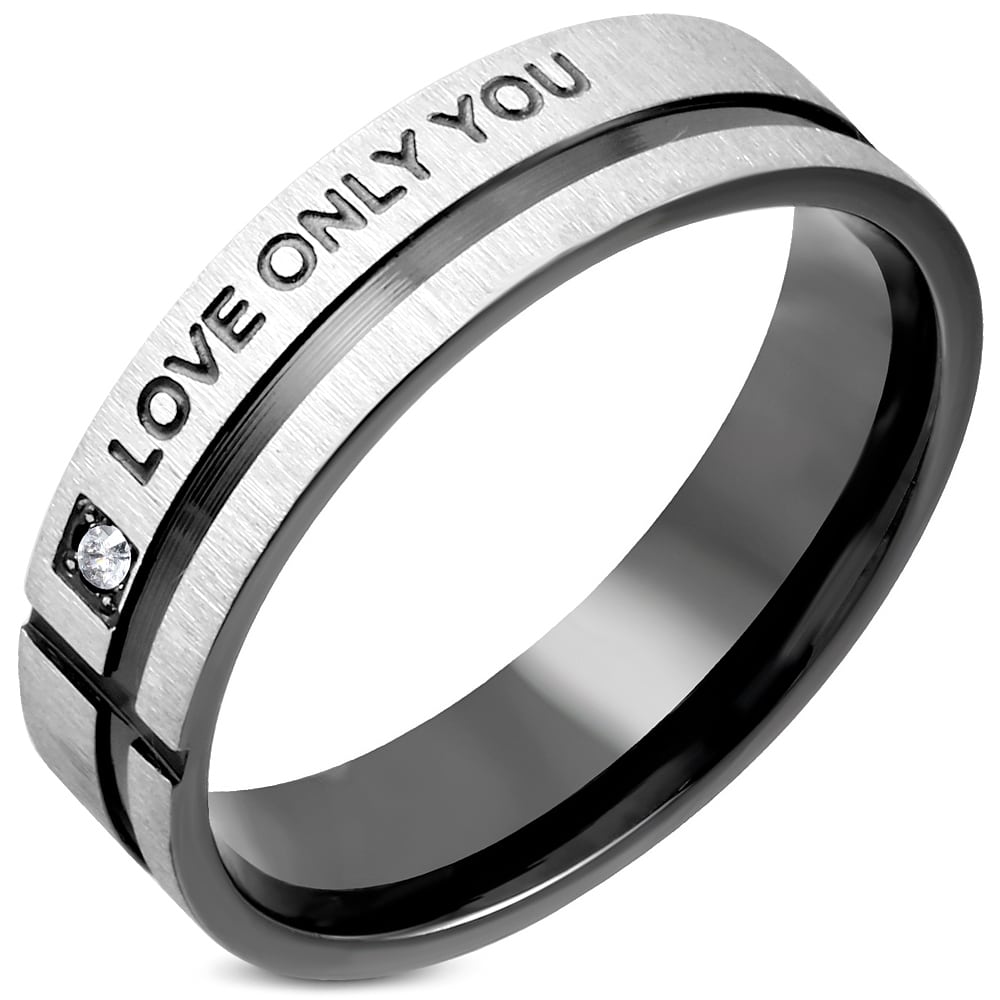 Ezüst és fekete színű nemesacél gyűrű LOVE ONLY YOU felirattal és cirkónia kristállyal