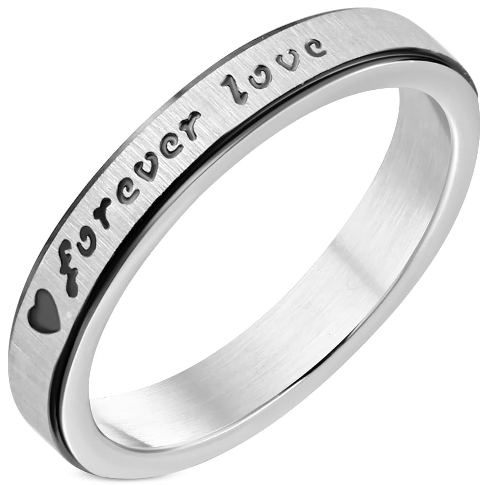 Fekete és ezüst színű nemesacél karikagyűrű Forever love felirattal