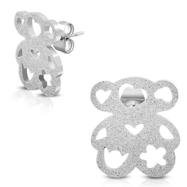 Ezüst színű, homokfújt, maci alakú nemesacél fülbevaló ékszer