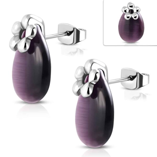 Ezüst színű nemesacél fülbevaló, lila színű macskaszem kővel