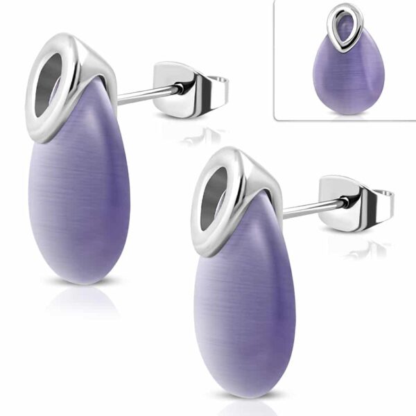 Ezüst színű nemesacél fülbevaló, lila színű macskaszem kővel