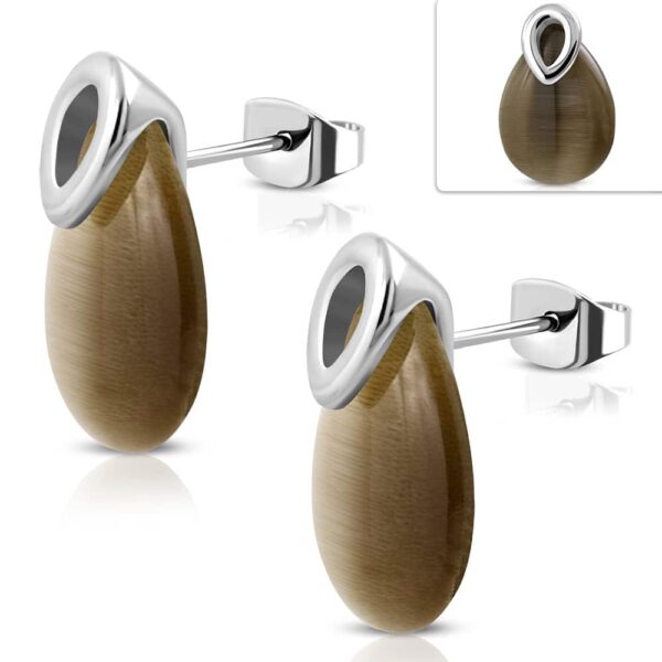 Ezüst színű nemesacél fülbevaló, barna színű macskaszem kővel