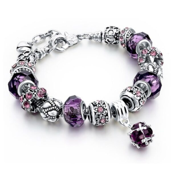 Sötét Lila Pandora Stílusú Kristályos Karkötő - kerek lógó charmmal