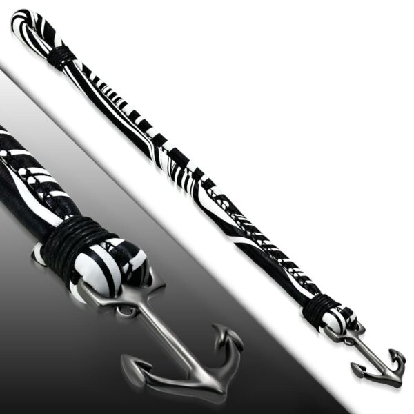 Zebra mintás bőr karkötő, horgony kapoccsal