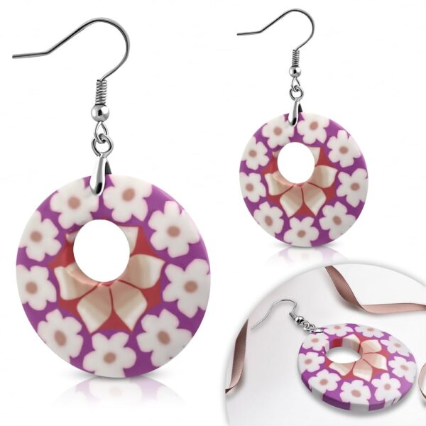 Lila virágos bizsu fülbevaló