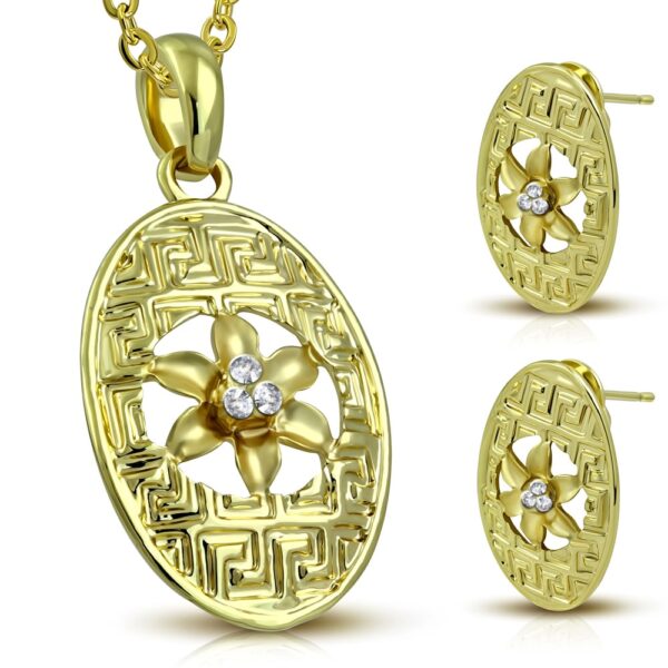 Ovális arany színű szett, medál és fülbevaló, cirkónia kristállyal