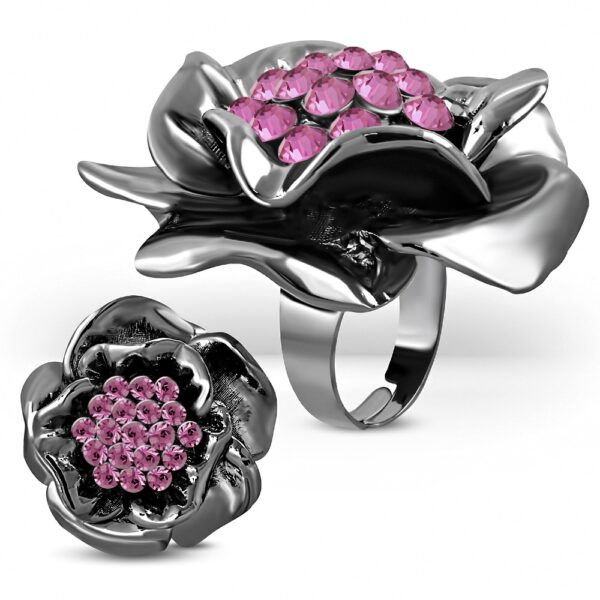 Állítható, virág formájú koktél gyűrű cirkónia kristállyal