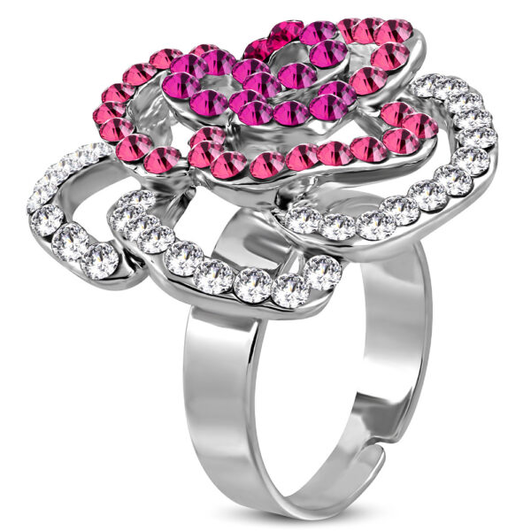 Virág formájú, állítható gyűrű ékszer, rózsaszín és fehér cirkónia kristállyal
