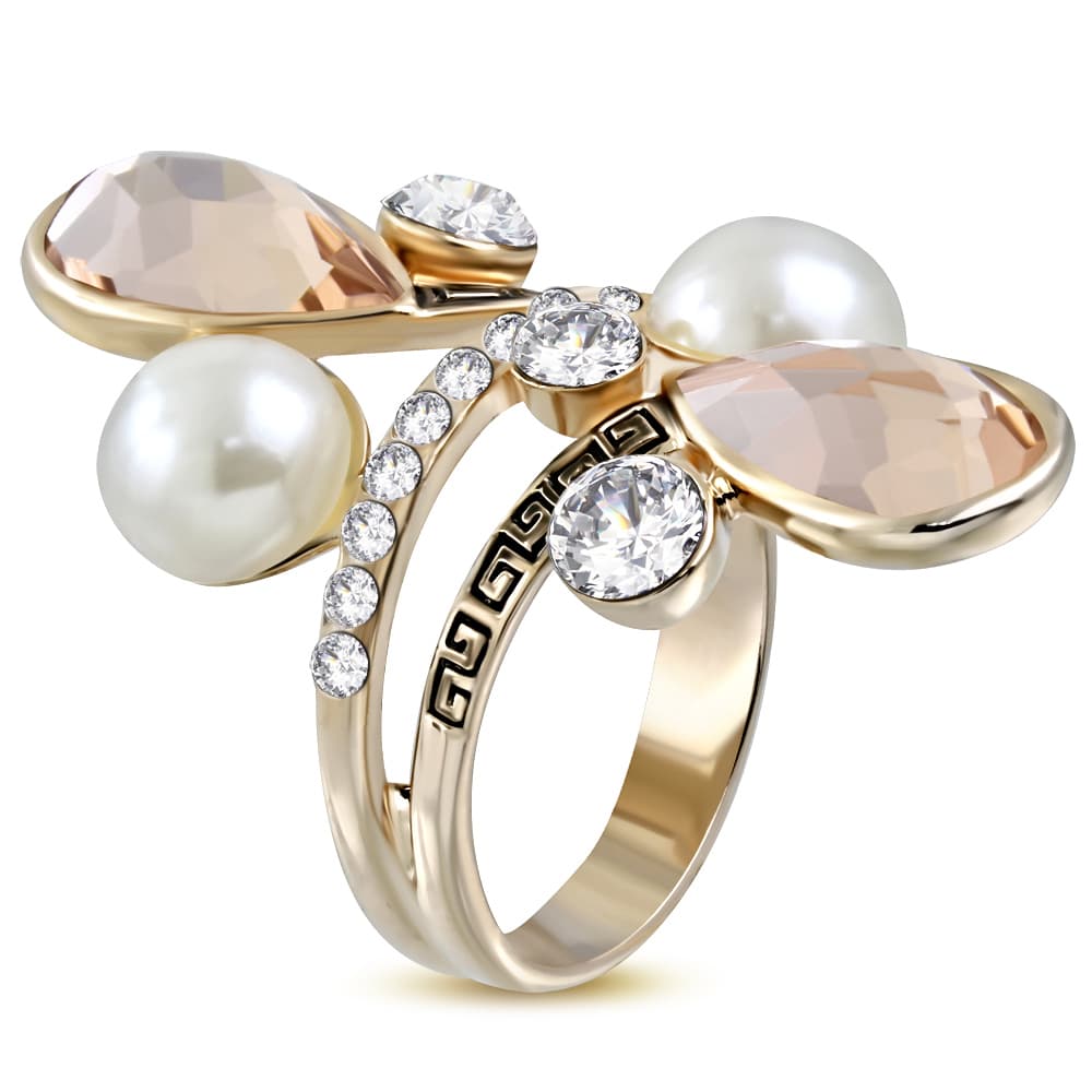 Arany színű, görög mintás koktél gyűrű, cirkónia kristállyal