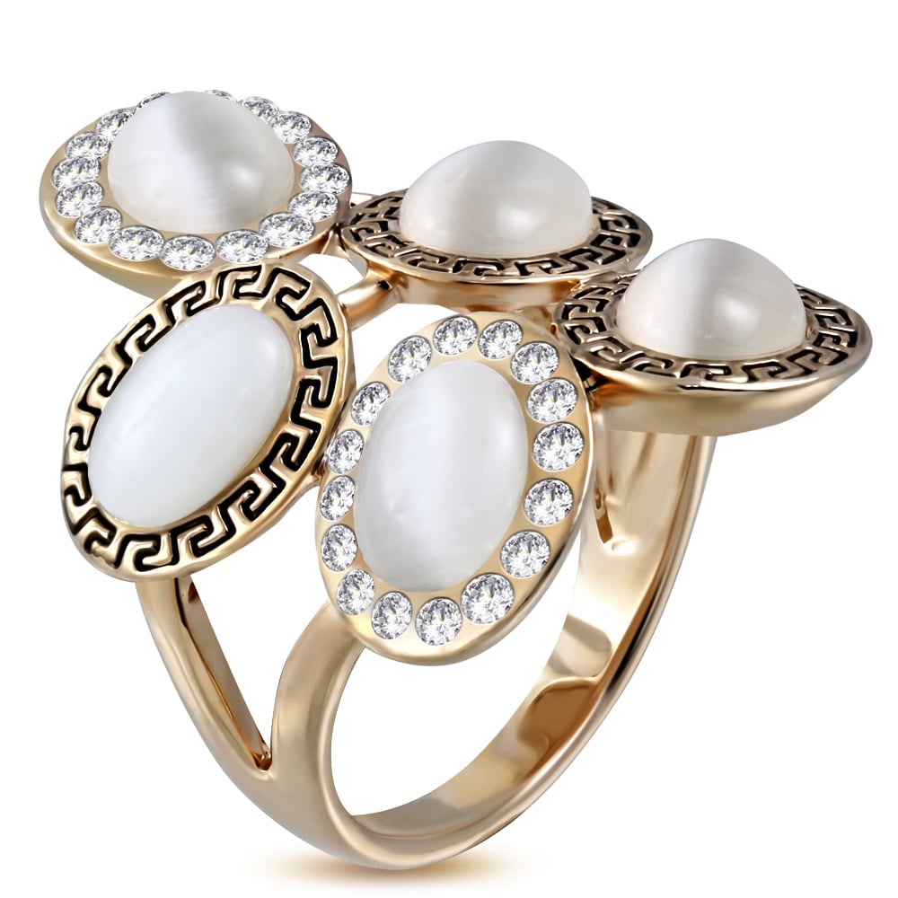 Arany színű, görög mintás koktél gyűrű, cirkónia kristállyal