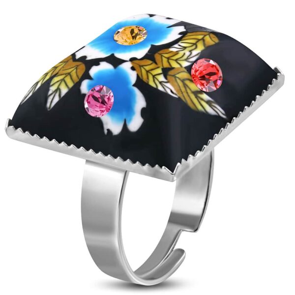 Négyzet alakú, kék virág mintás állítható nemesacél gyűrű ékszer cirkónia kristállyal