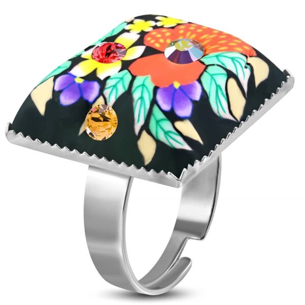 négyzet alakú, színes virág mintás állítható nemesacél gyűrű ékszer cirkónia kristállyal