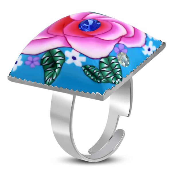 négyzet alakú, színes virág mintás állítható nemesacél gyűrű ékszer cirkónia kristállyal