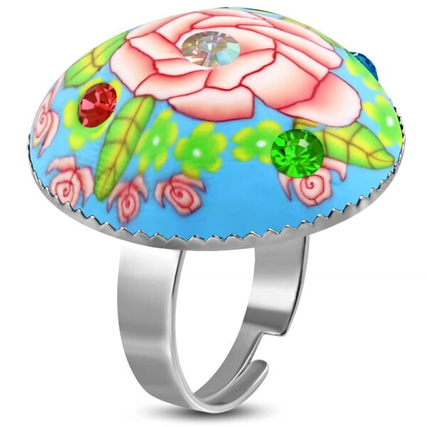 Kör alakú, kék - virág mintás állítható nemesacél gyűrű ékszer cirkónia kristállyal