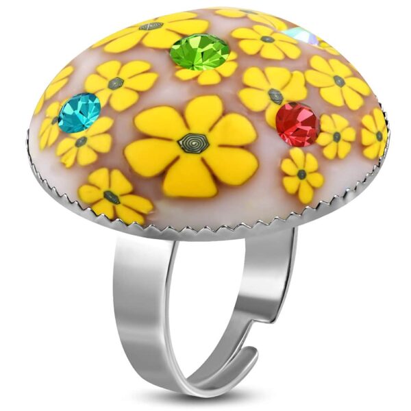 kerek alakú, sárga virág mintás állítható nemesacél gyűrű ékszer cirkónia kristállyal