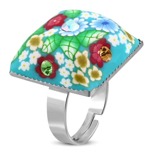 négyzet alakú, kék virág mintás állítható nemesacél gyűrű ékszer cirkónia kristállyal