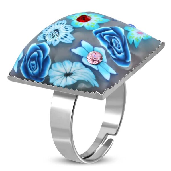 négyzet alakú, barna virág mintás állítható nemesacél gyűrű ékszer cirkónia kristállyal