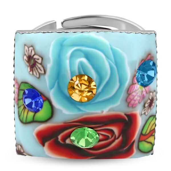 négyzet alakú, színes virág mintás állítható nemesacél gyűrű ékszer cirkónia kristállyal