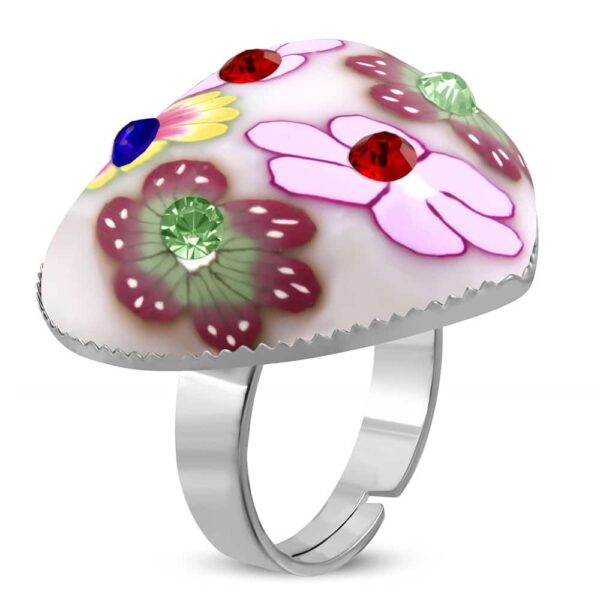 Szív alakú, rózsaszín virág mintás állítható nemesacél gyűrű ékszer cirkónia kristállyal