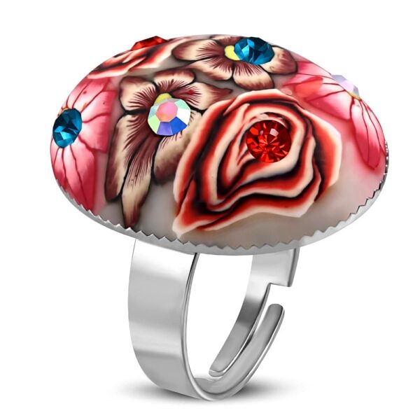 Ovális alakú, barna - virág mintás állítható nemesacél gyűrű ékszer cirkónia kristállyal