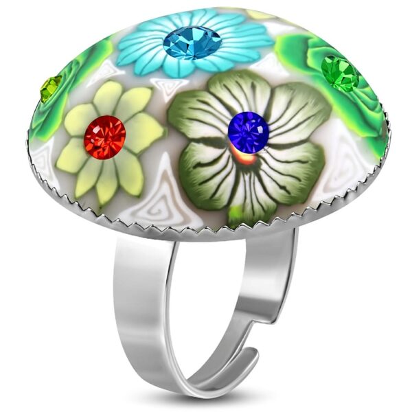 Kör alakú, fehér virág mintás állítható nemesacél gyűrű ékszer cirkónia kristállyal