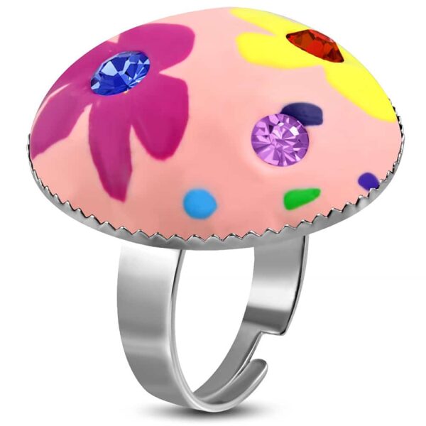 Kör alakú, rózsaszín virág mintás állítható nemesacél gyűrű ékszer cirkónia kristállyal