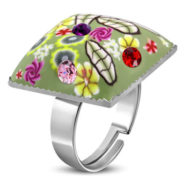 Szögletes, virág mintás állítható nemesacél gyűrű ékszer cirkónia kristállyal