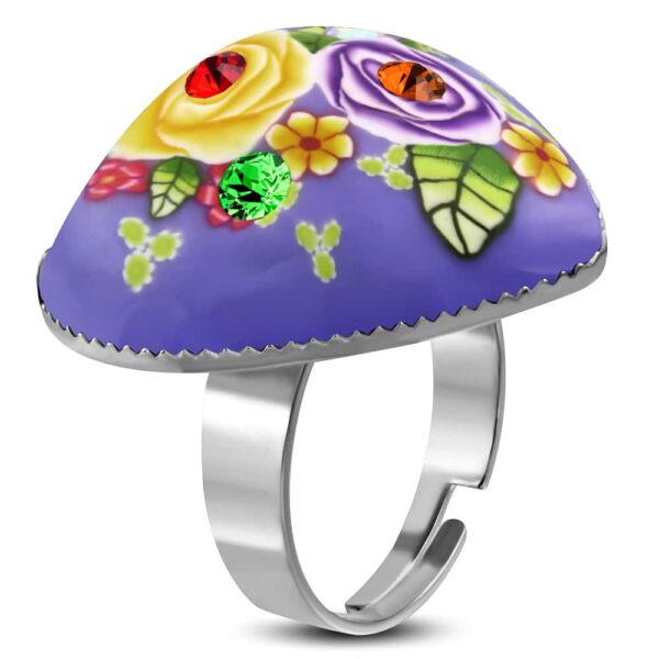 Szív alakú, lila virág mintás állítható nemesacél gyűrű ékszer cirkónia kristállyal