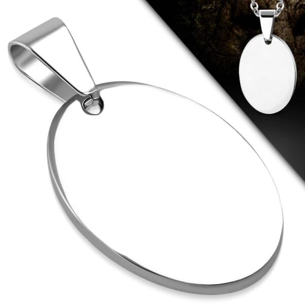 Ezüst színű, ovális formájú gravírozható  nemesacél medál 