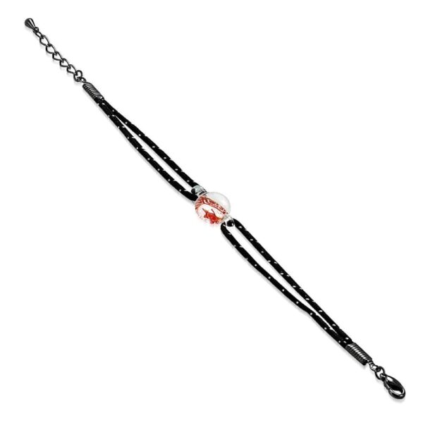 Fekete-fehér színű szövet karkötő, csillag mintás üveggyöngy dísszel