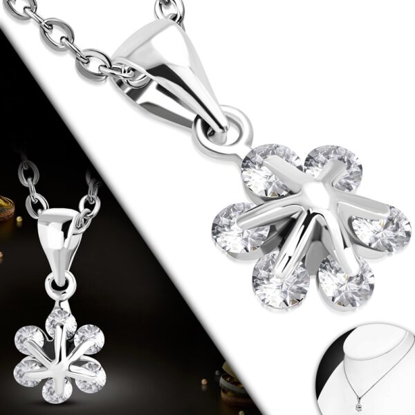 Ezüst színű nyaklánc, virág alakú cirkónia kristályos medállal