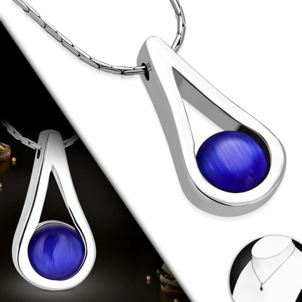 Ezüst színű nyaklánc, KÉK színátmenetes ovális medállal