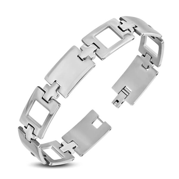 Ezüst színű nemesacél karlánc, téglalap és kereszt szemekkel