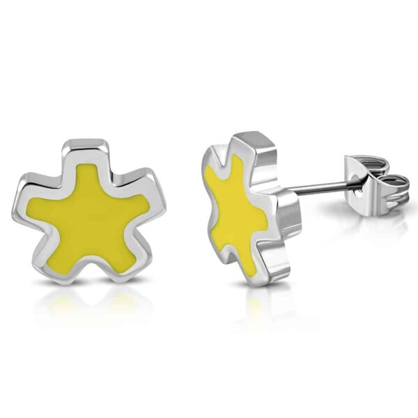 Ezüst színű, csillag alakú nemesacél fülbevaló, sárga színű dísszel