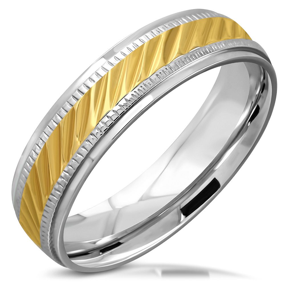 Ezüst-átlós arany hornyos nemesacél gyűrű 6 mm