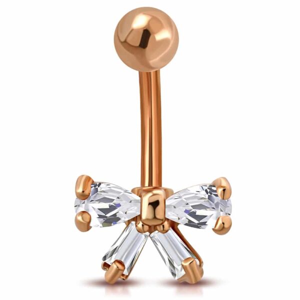 Rózsa arany színű, masni formájú nemesacél piercing cirkónia kristállyal