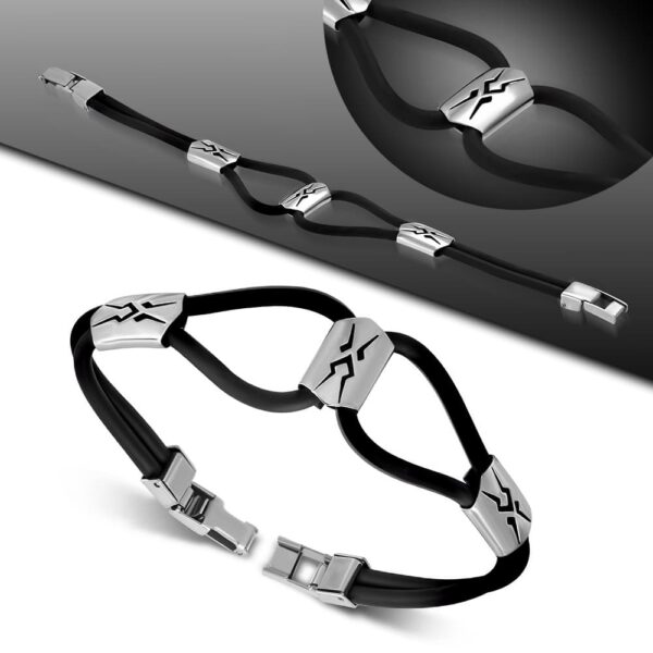 Kaucsuk karkötő, ezüst színű nonfiguratív mintájú nemesacél dísszel