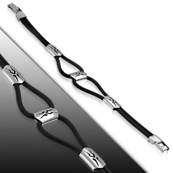 Kaucsuk karkötő, ezüst színű nonfiguratív mintájú nemesacél dísszel