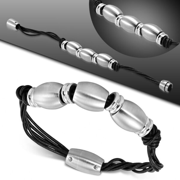 Több szálas bőr karkötő, ezüst színű nemesacél dísszel