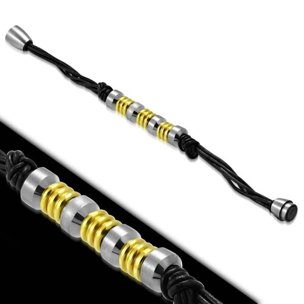 Több szálas bőr karkötő, ezüst és arany színű nemesacél dísszel